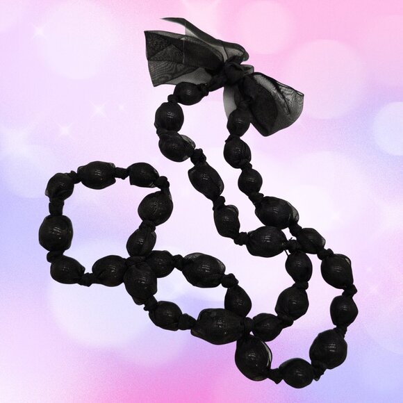 Black Netted Bead Necklace with Ribbon Tie Lightweight Statement Layering Piece - Picture 5 of 7